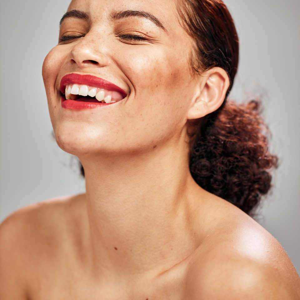 Beauty makeup, wellness and face of woman with luxury cosmetics lipstick, healthy skincare glow or facial self care. Cosmetology, spa salon and aesthetic model girl isolated on grey background studio
