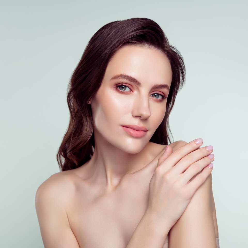 Photo portrait of lovely young lady charming model posing spa salon isolated on light gray color background