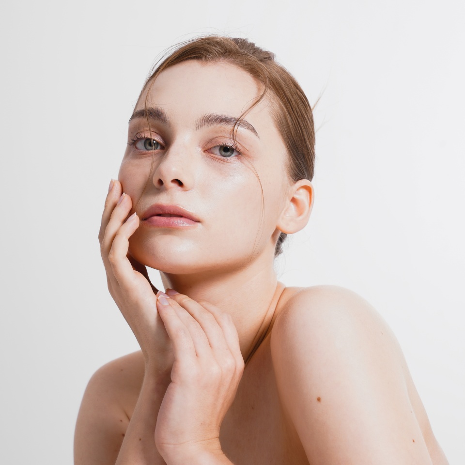 Natural and stylish skincare images of young Western woman