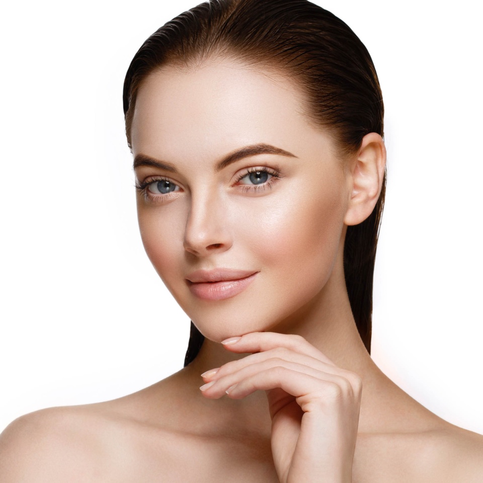 Beautiful Woman Face Portrait with hands. Beauty Skin Care Concept. Fashion Beauty Model isolated on white